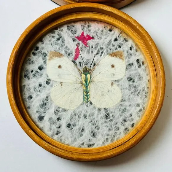 Set 6 Vintage Wood Coasters Pressed Butterflies 1970s Boho Wicker Rattan‎ - Picture 12 of 13